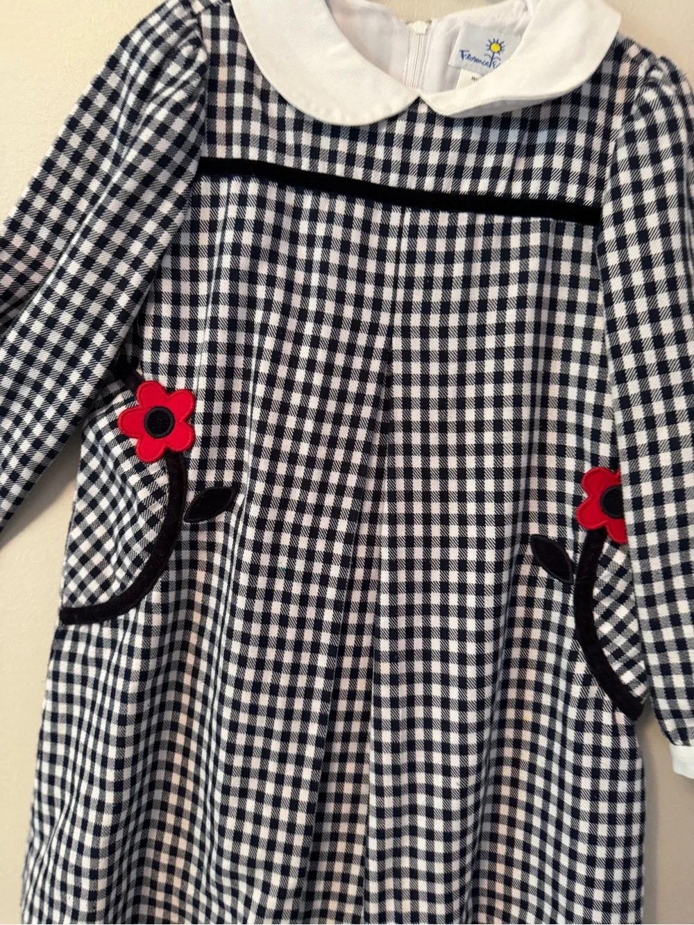 Florence Eiseman Black & White Gingham Dress with Red Flower Appliqué